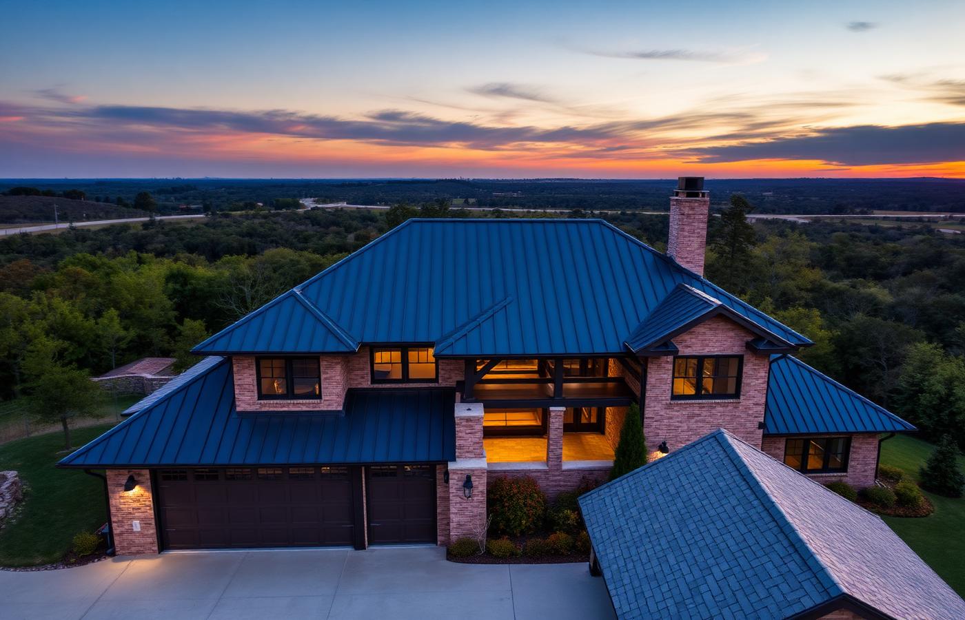 Hill Country home with a new standing seam metal roof at dusk