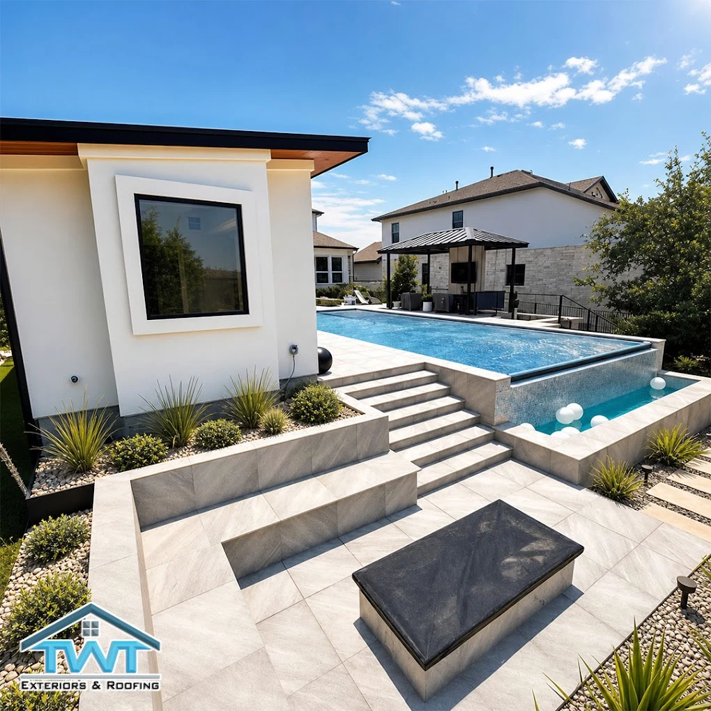 Modern pool with travertine terrace, tiered steps and a covered outdoor kitchen at a TWT outdoor living project